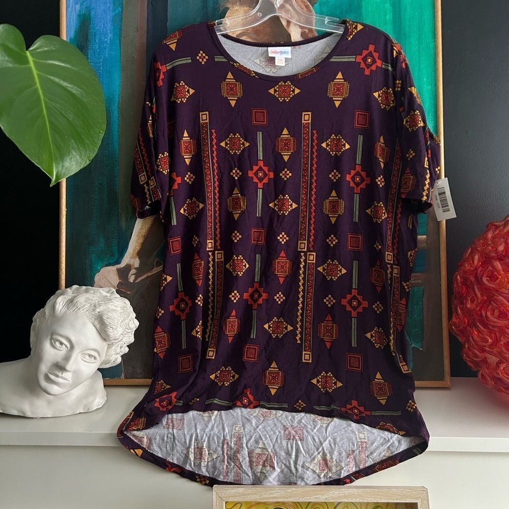 NWT Lula Roe Purple Geo-Print Short Sleeve Top - Irma